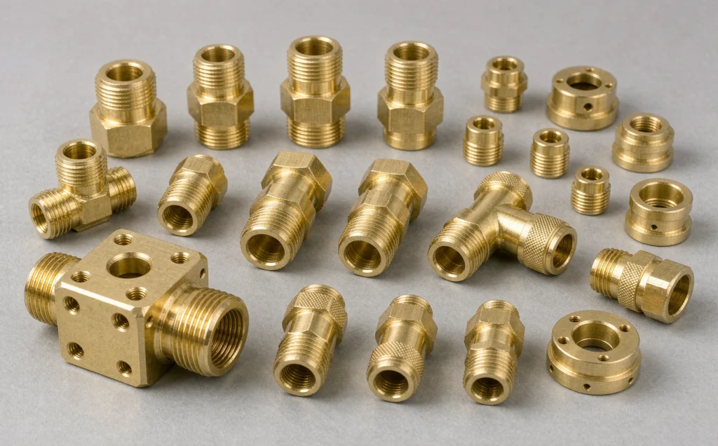 Golden brass CNC turned fittings, connectors and valve bodies with machined threads