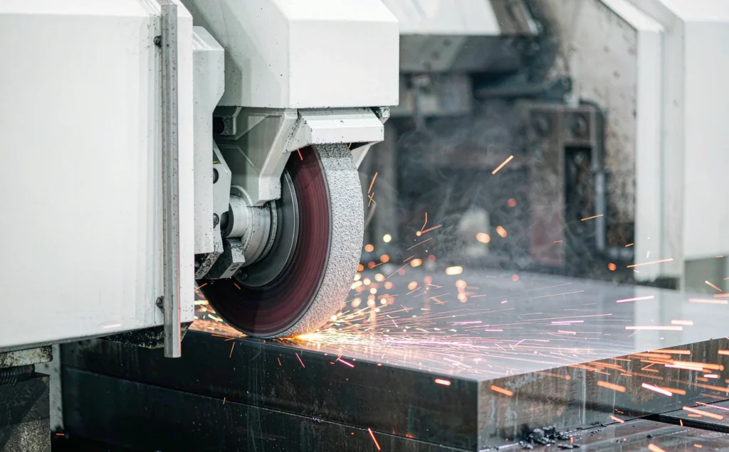 CNC surface grinding machine grinding a hardened steel plate with abrasive wheel, sparks and coolant