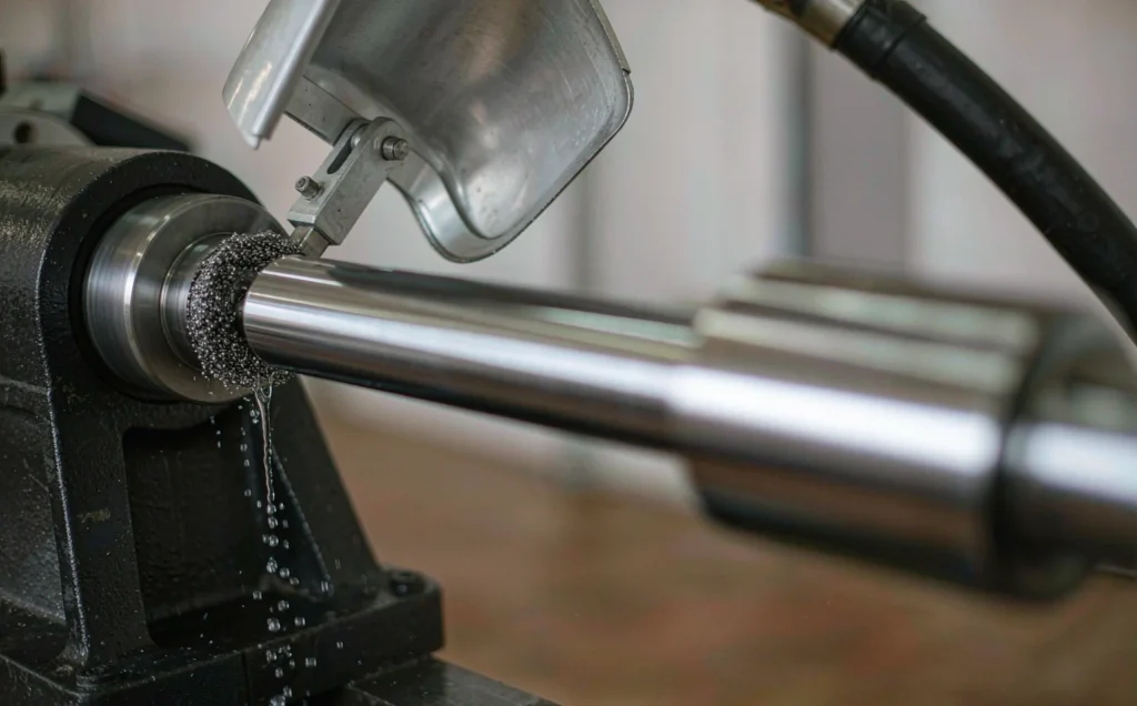 Precision cylindrical grinding machine grinding a polished steel shaft with mirror-smooth surface