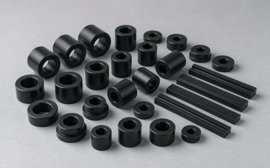 Black Delrin acetal plastic CNC machined bushings, wear strips and spacers