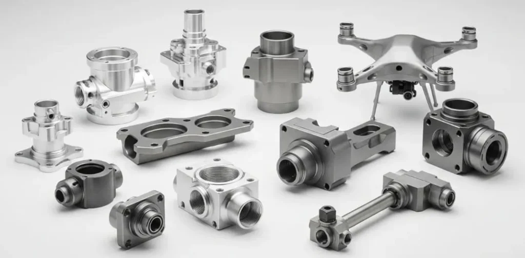 Collection of precision CNC milled and turned metal housings, shafts and flanged parts
