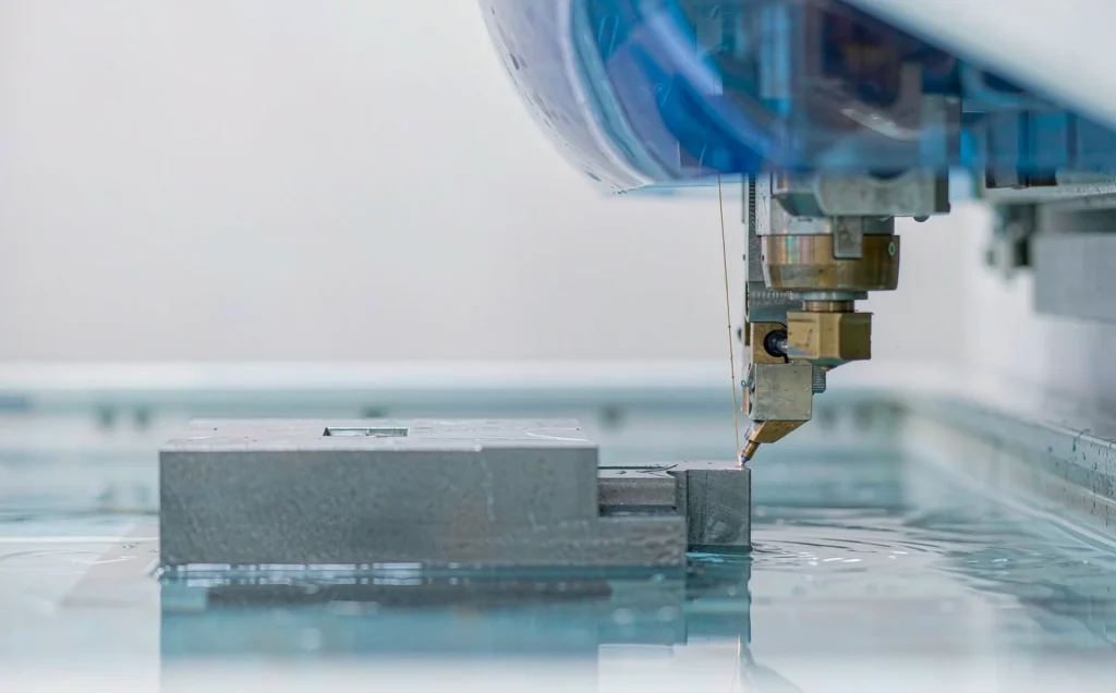 Close-up of a wire EDM machine cutting a hardened steel part submerged in deionised water, brass wire between guides