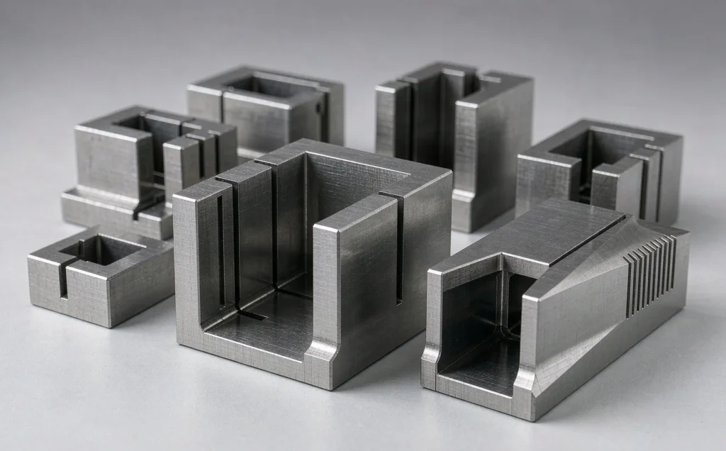 Precision wire-cut steel die components with sharp internal corners and fine tapered profiles